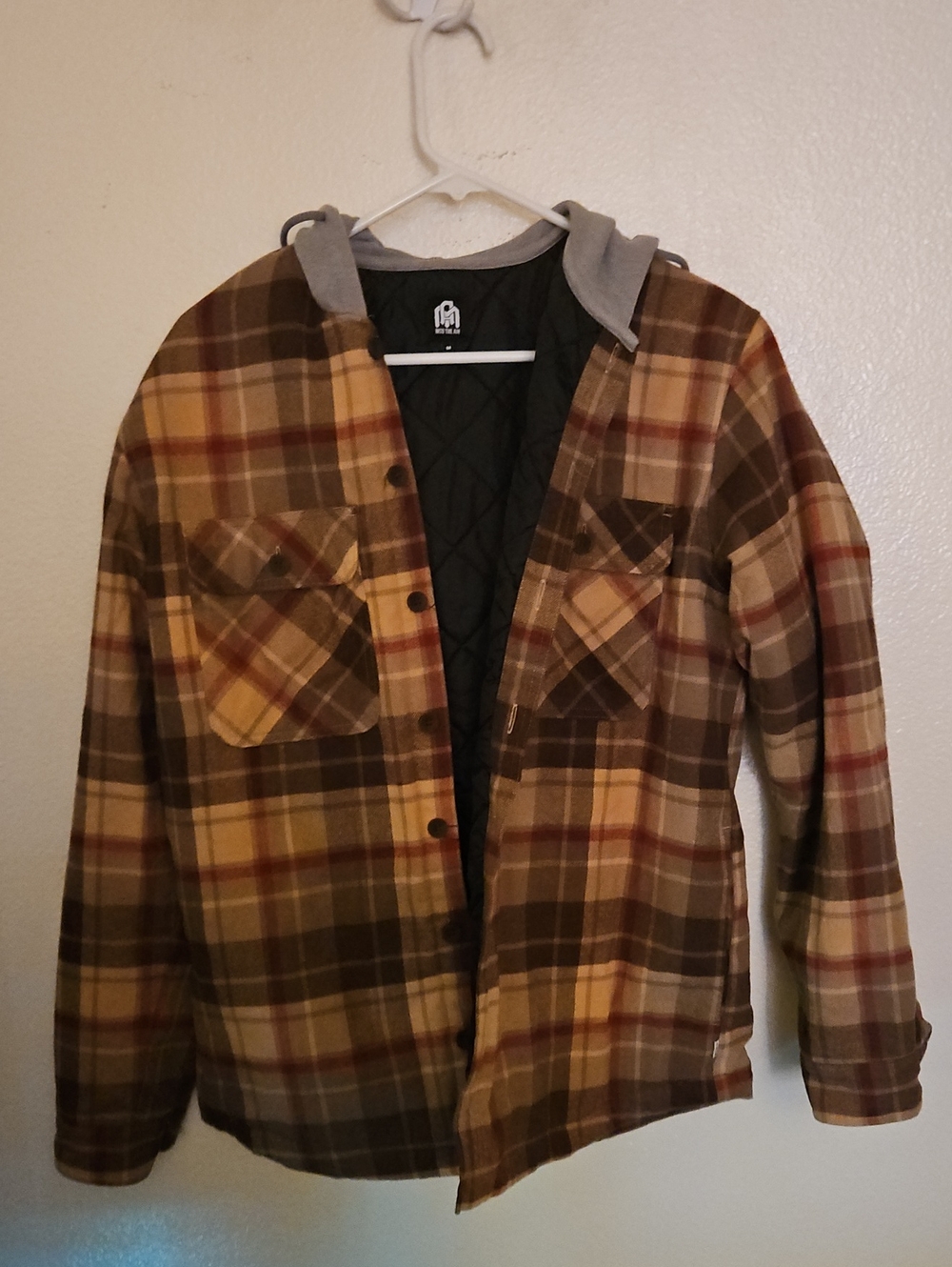 Men's Plaid Quilted-Lined Hooded Shirt Jacket - Brown/Beige